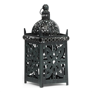 Benjara Sus Candle Holder Lantern- 15&quot Dome Lid- Black Iron Metal Cover
