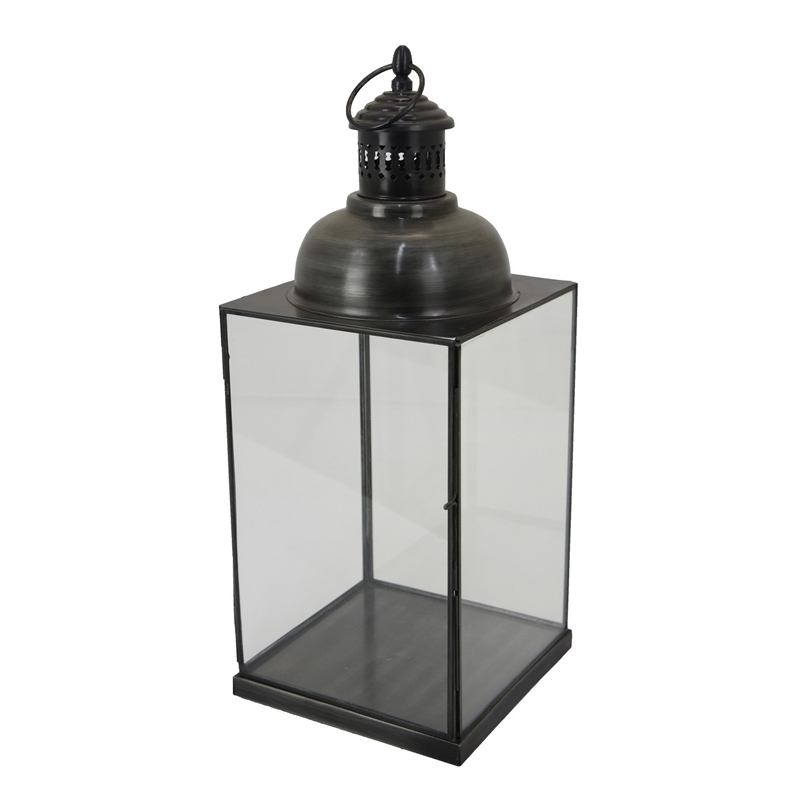 Benjara Laila Lantern- Black Metal- Glass Panels- Square Base- 20