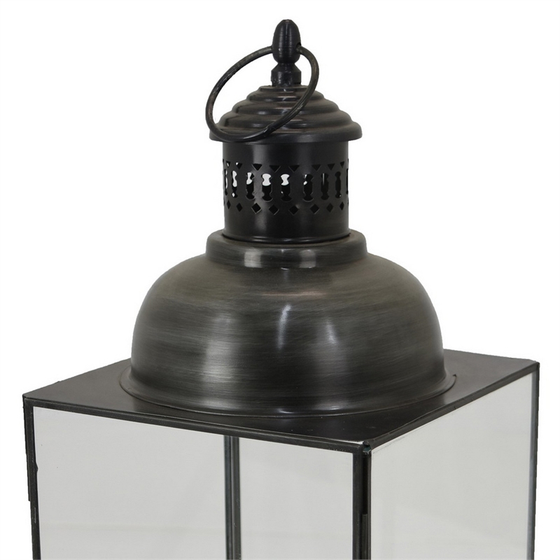 Benjara Laila Lantern- Black Metal- Glass Panels- Square Base- 20