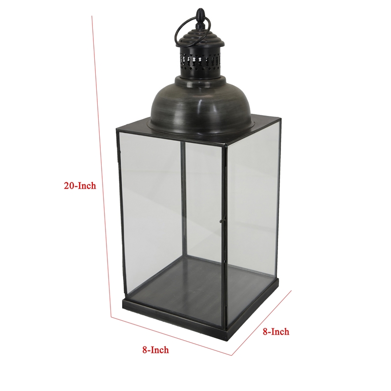 Benjara Laila Lantern- Black Metal- Glass Panels- Square Base- 20