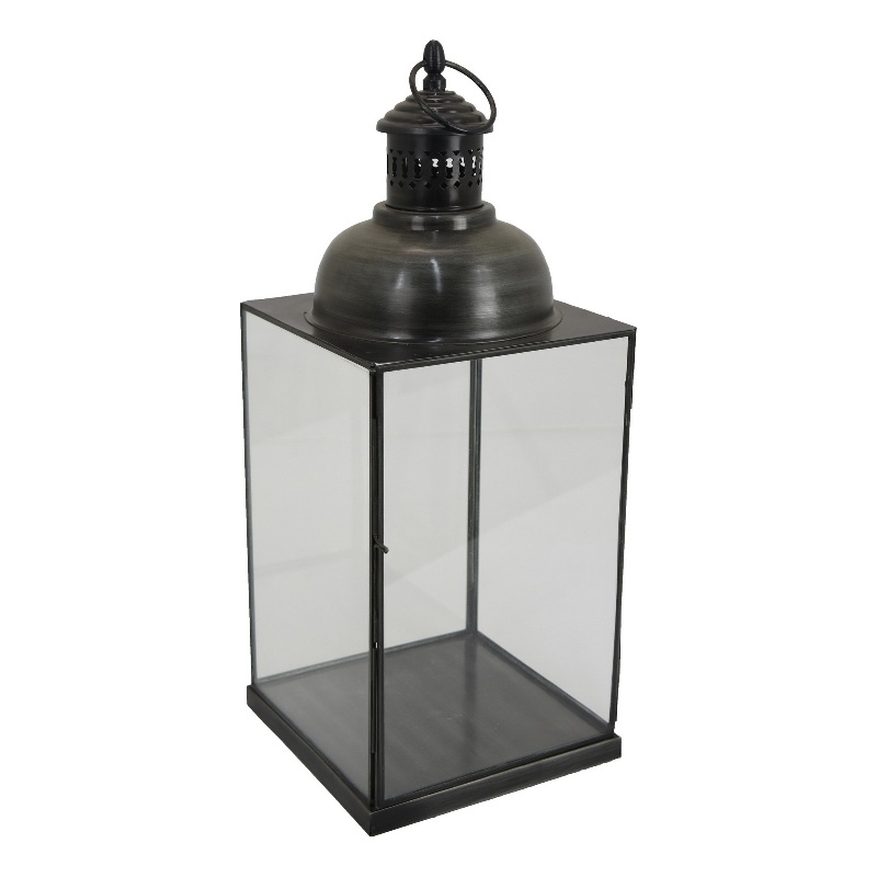 Benjara Laila Lantern- Black Metal- Glass Panels- Square Base- 20