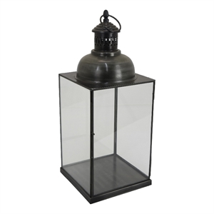 Benjara Laila Lantern- Black Metal- Glass Panels- Square Base- 20&quot Tall