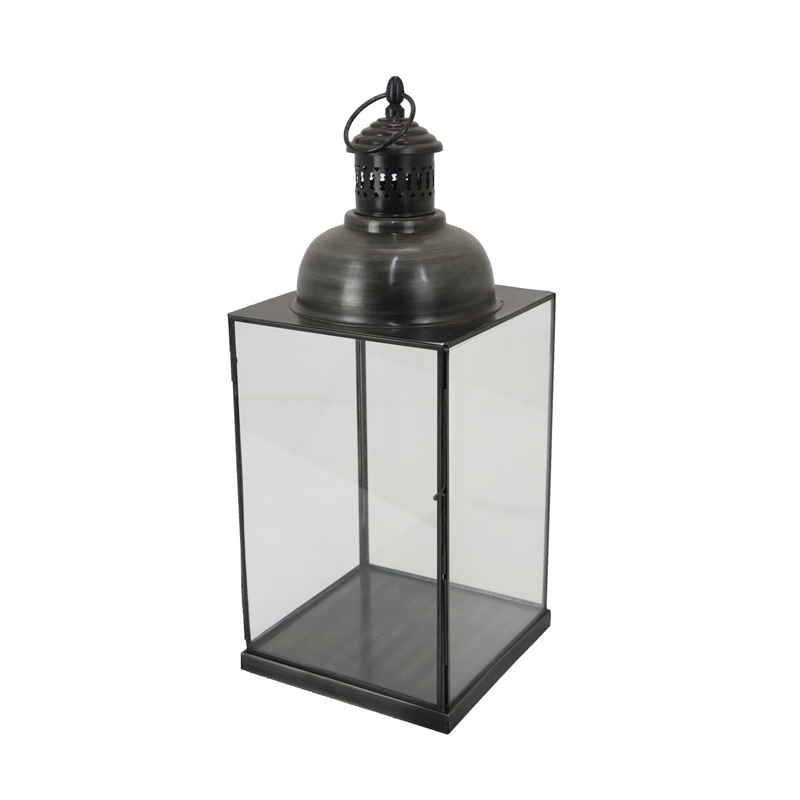 Benjara Laila Lantern- Black Metal- Glass Panels- Square Base- 18