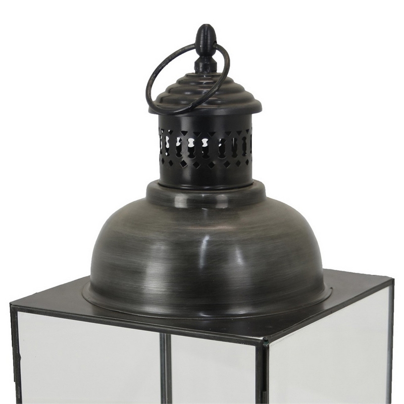 Benjara Laila Lantern- Black Metal- Glass Panels- Square Base- 18