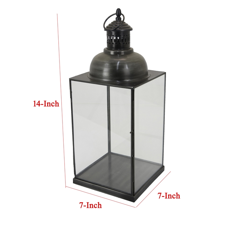 Benjara Laila Lantern- Black Metal- Glass Panels- Square Base- 18