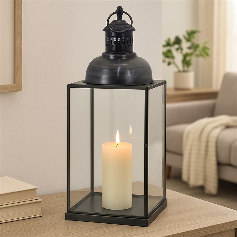 Benjara Laila Lantern- Black Metal- Glass Panels- Square Base- 18