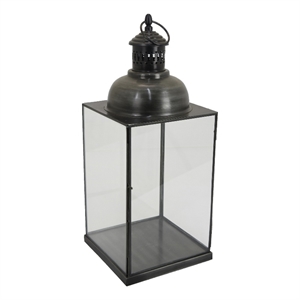 Benjara Laila Lantern- Black Metal- Glass Panels- Square Base- 18&quot Tall