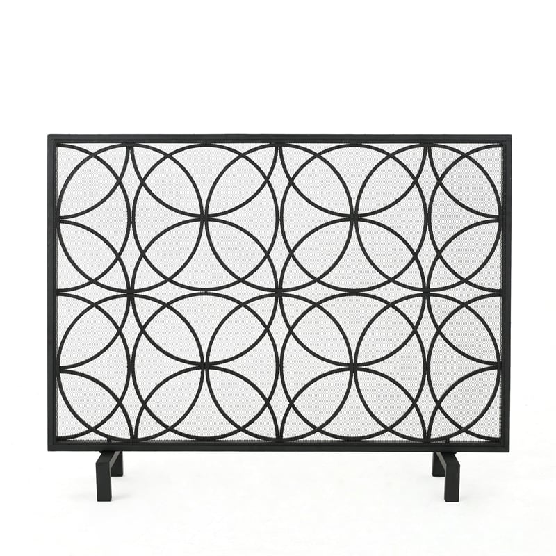 Benjara Fireplace Screen- Overlapping Circles w Mesh- 41x31 Matte Black Frame