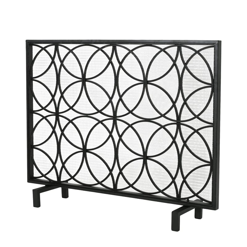 Benjara Fireplace Screen- Overlapping Circles w Mesh- 41x31 Matte Black Frame