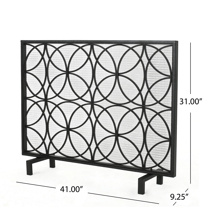 Benjara Fireplace Screen- Overlapping Circles w Mesh- 41x31 Matte Black Frame