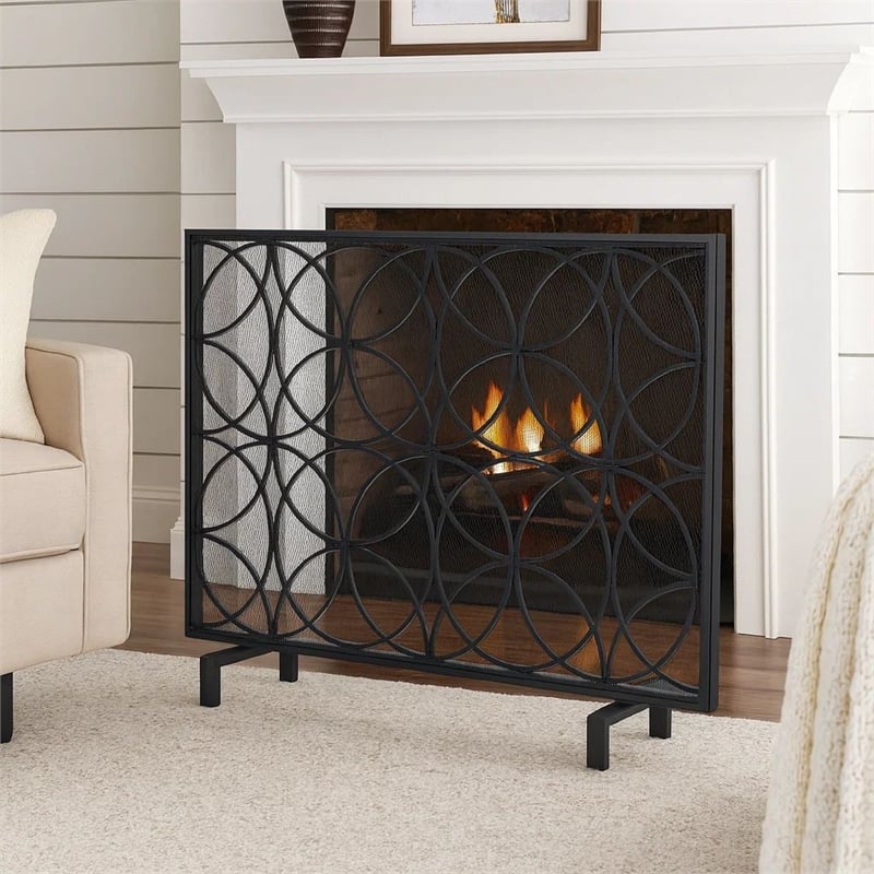 Benjara Fireplace Screen- Overlapping Circles w Mesh- 41x31 Matte Black Frame
