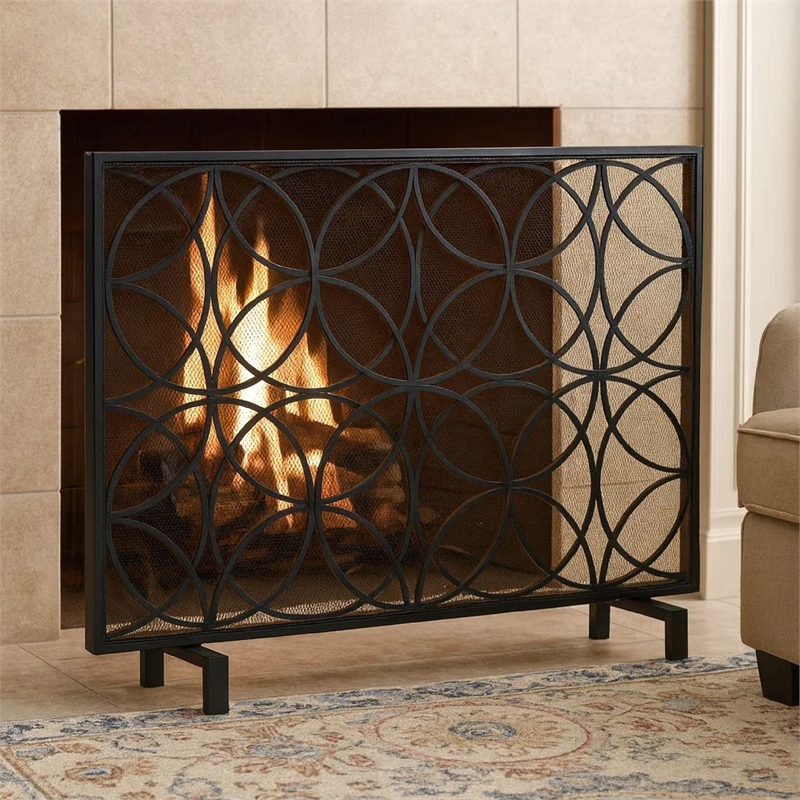Benjara Fireplace Screen- Overlapping Circles w Mesh- 41x31 Matte Black Frame