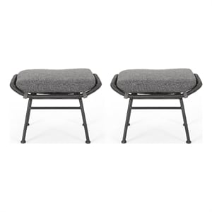 Benjara Margo Outdoor Ottoman Set of 2- 24&quot Black Iron- Gray Cushion
