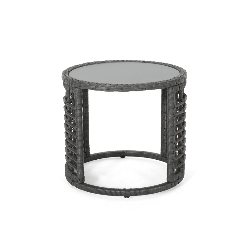 Benjara Outdoor Round Side End Table with Woven Accents- 18 Inch- Gray Rattan