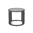 Benjara Outdoor Round Side End Table with Woven Accents- 18 Inch- Gray Rattan