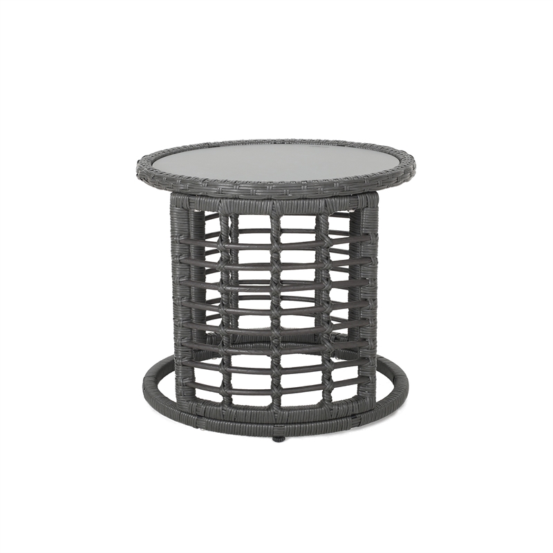 Benjara Outdoor Round Side End Table with Woven Accents- 18 Inch- Gray Rattan