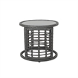 Benjara Outdoor Round Side End Table with Woven Accents- 18 Inch- Gray Rattan