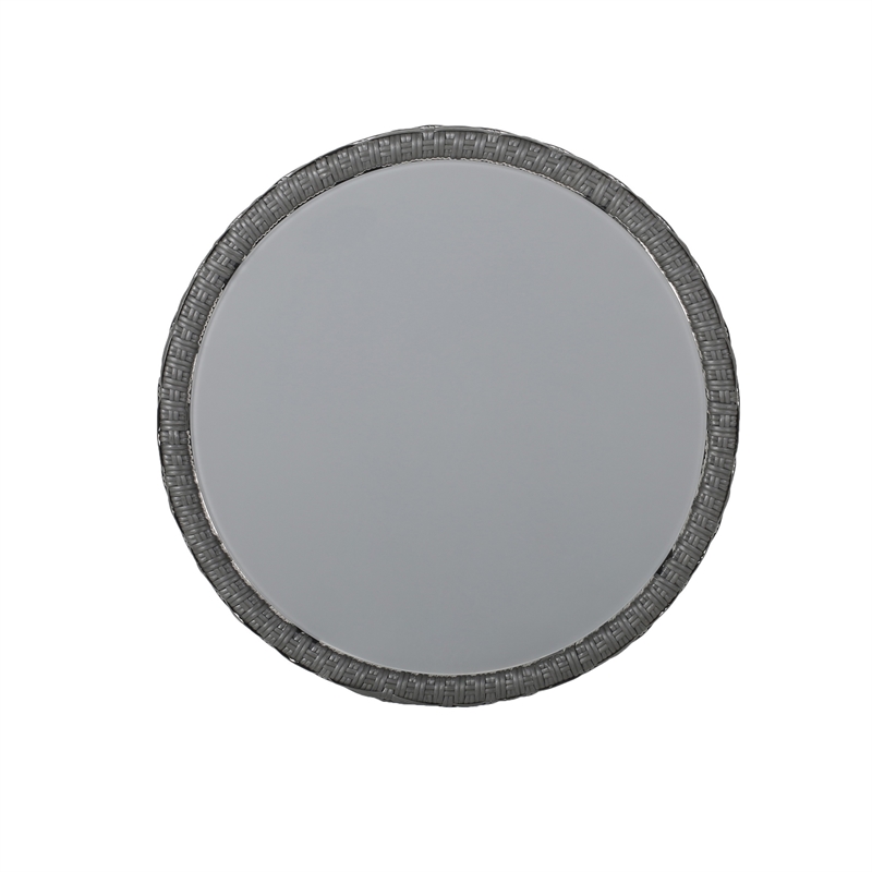 Benjara Outdoor Round Side End Table with Woven Accents- 18 Inch- Gray Rattan