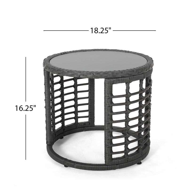 Benjara Outdoor Round Side End Table with Woven Accents- 18 Inch- Gray Rattan