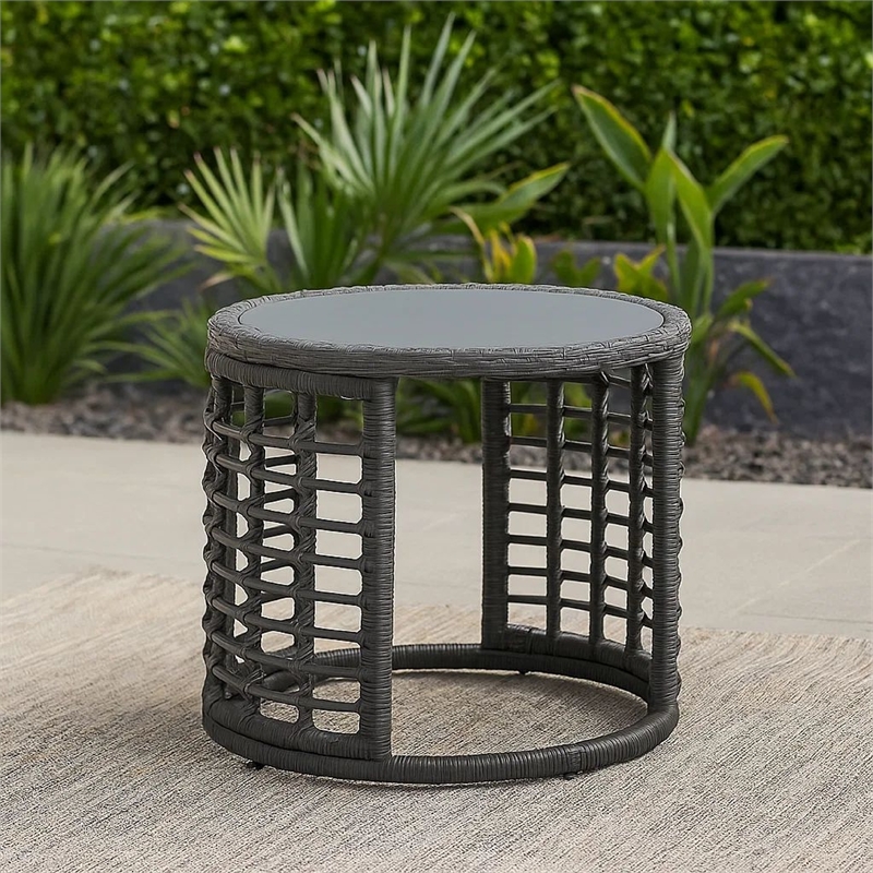 Benjara Outdoor Round Side End Table with Woven Accents- 18 Inch- Gray Rattan