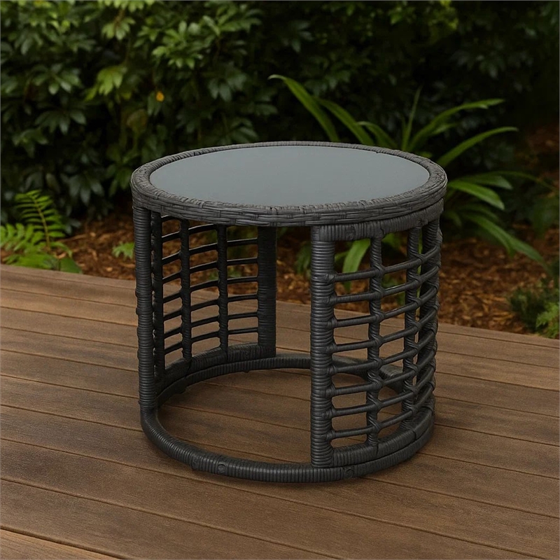 Benjara Outdoor Round Side End Table with Woven Accents- 18 Inch- Gray Rattan