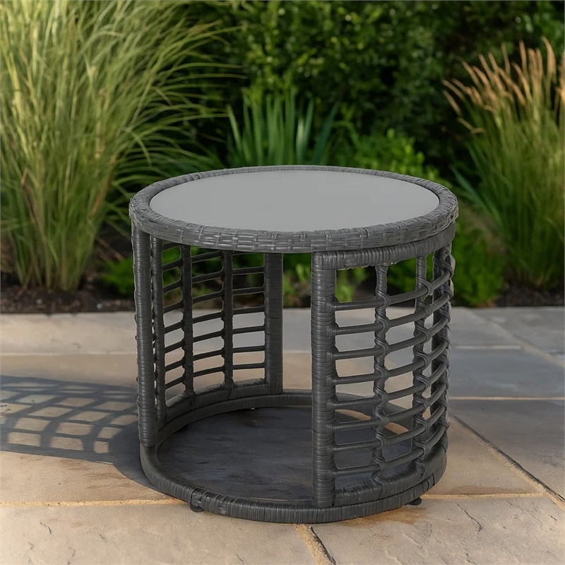 Benjara Outdoor Round Side End Table with Woven Accents- 18 Inch- Gray Rattan