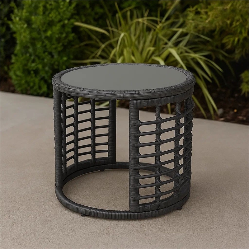 Benjara Outdoor Round Side End Table with Woven Accents- 18 Inch- Gray Rattan