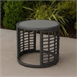 Benjara Outdoor Round Side End Table with Woven Accents- 18 Inch- Gray Rattan
