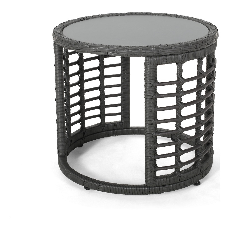 Benjara Outdoor Round Side End Table with Woven Accents- 18 Inch- Gray Rattan