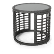 Benjara Outdoor Round Side End Table with Woven Accents- 18 Inch- Gray Rattan