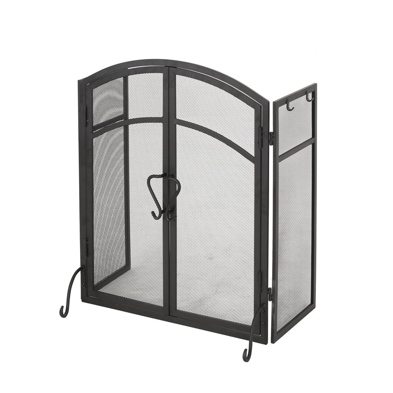 Benjara Tri Fold Fireplace Screen with 4 pcs Tool Set- Fine Mesh- Black Doors