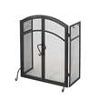 Benjara Tri Fold Fireplace Screen with 4 pcs Tool Set- Fine Mesh- Black Doors