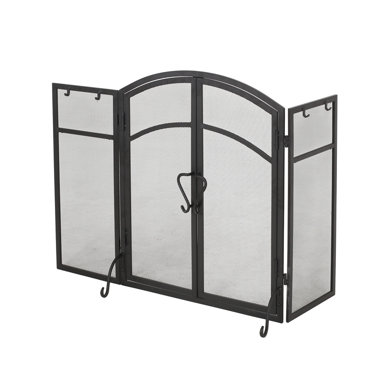 Benjara Tri Fold Fireplace Screen with 4 pcs Tool Set- Fine Mesh- Black Doors