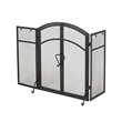 Benjara Tri Fold Fireplace Screen with 4 pcs Tool Set- Fine Mesh- Black Doors