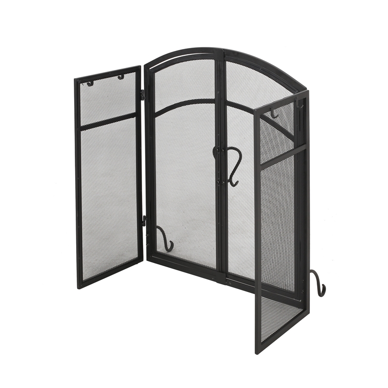 Benjara Tri Fold Fireplace Screen with 4 pcs Tool Set- Fine Mesh- Black Doors