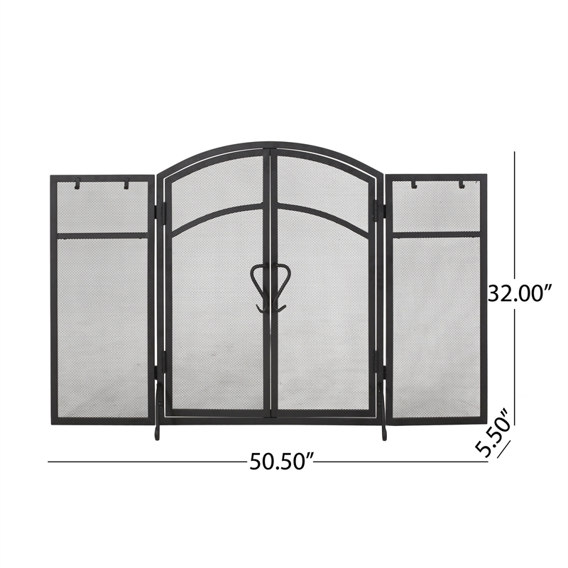 Benjara Tri Fold Fireplace Screen with 4 pcs Tool Set- Fine Mesh- Black Doors
