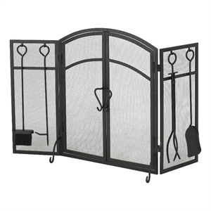 Benjara Tri Fold Fireplace Screen with 4 pcs Tool Set- Fine Mesh- Black Doors