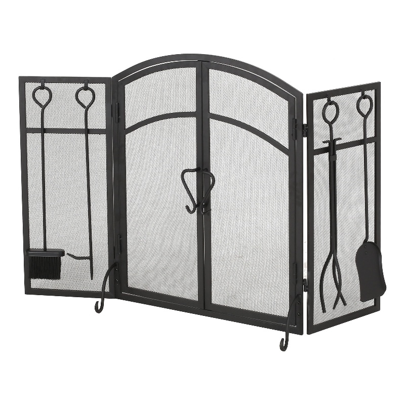 Benjara Tri Fold Fireplace Screen with 4 pcs Tool Set- Fine Mesh- Black Doors