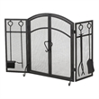 Benjara Tri Fold Fireplace Screen with 4 pcs Tool Set- Fine Mesh- Black Doors