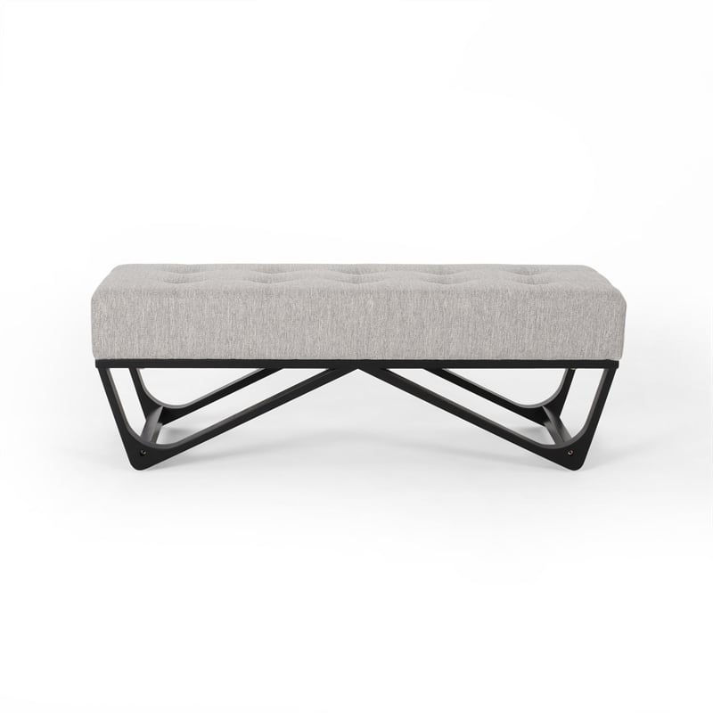 Benjara Liba Ottoman Bench- Button Tufted Beige Fabric- Black Frame- 47 Inch