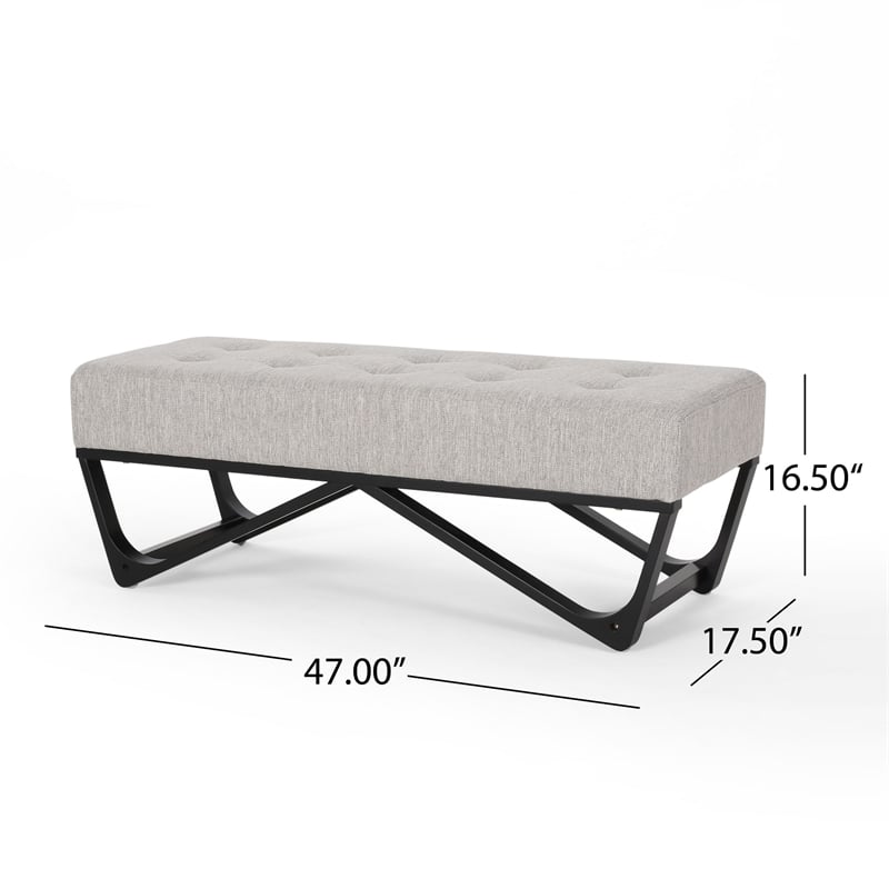 Benjara Liba Ottoman Bench- Button Tufted Beige Fabric- Black Frame- 47 Inch