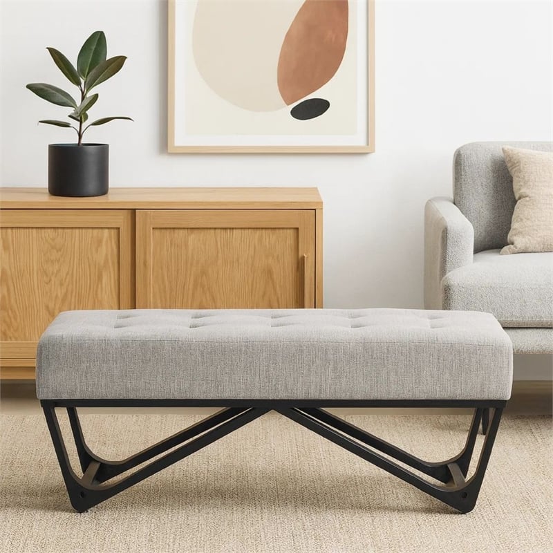 Benjara Liba Ottoman Bench- Button Tufted Beige Fabric- Black Frame- 47 Inch