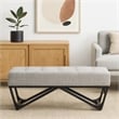 Benjara Liba Ottoman Bench- Button Tufted Beige Fabric- Black Frame- 47 Inch