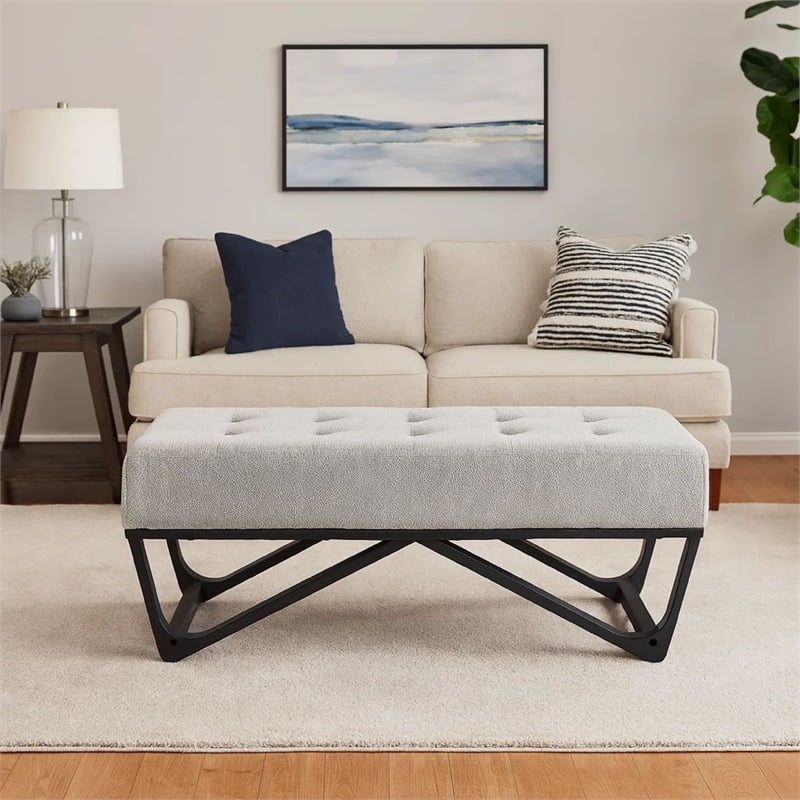 Benjara Liba Ottoman Bench- Button Tufted Beige Fabric- Black Frame- 47 Inch