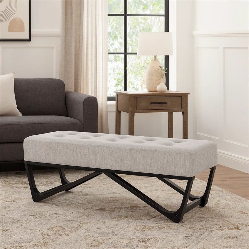 Benjara Liba Ottoman Bench- Button Tufted Beige Fabric- Black Frame- 47 Inch
