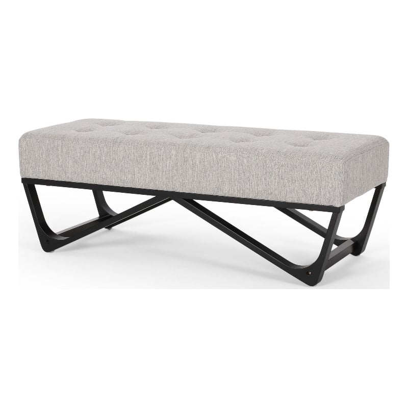Benjara Liba Ottoman Bench- Button Tufted Beige Fabric- Black Frame- 47 Inch
