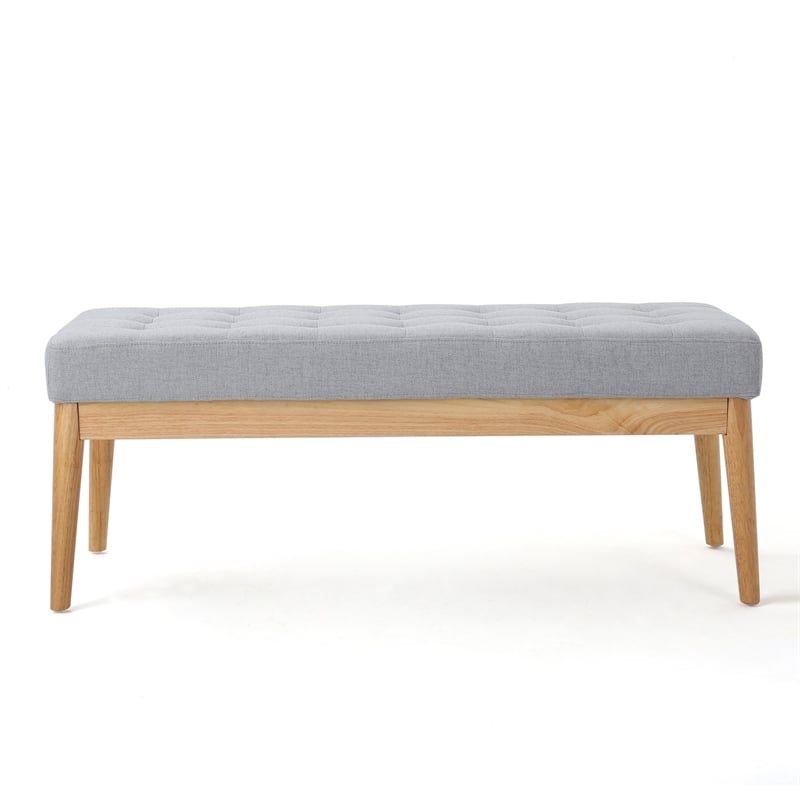 Benjara Gisa Ottoman Bench- Light Gray Fabric Tufted Seat- Brown Wood- 44 Inch