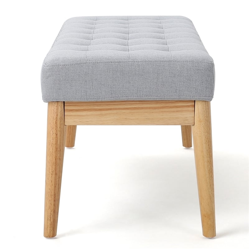 Benjara Gisa Ottoman Bench- Light Gray Fabric Tufted Seat- Brown Wood- 44 Inch