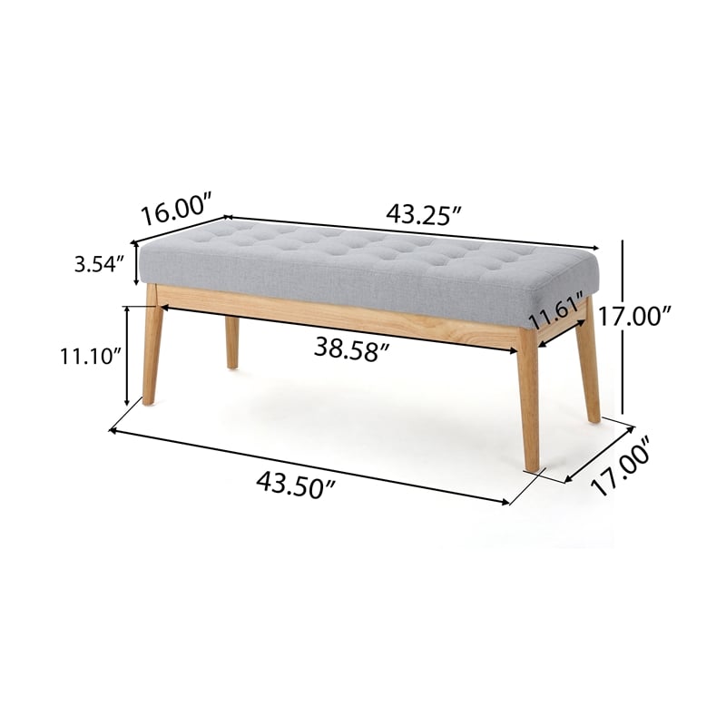 Benjara Gisa Ottoman Bench- Light Gray Fabric Tufted Seat- Brown Wood- 44 Inch
