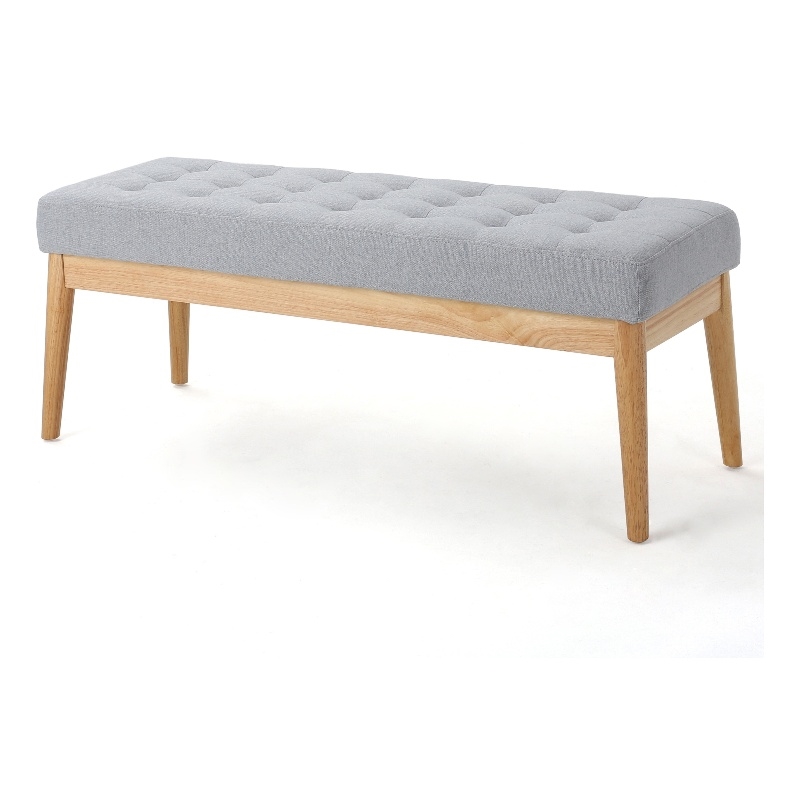 Benjara Gisa Ottoman Bench- Light Gray Fabric Tufted Seat- Brown Wood- 44 Inch